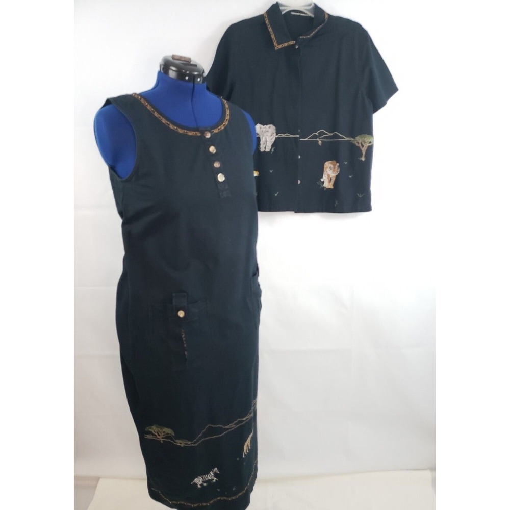 Lemon Grass 2 Piece Black Long Safari Animal Embroidered dress Top small Z87